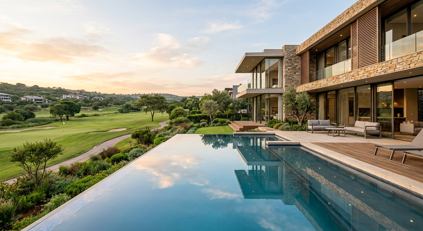 A modern luxury home with a pool overlooking a golf estate