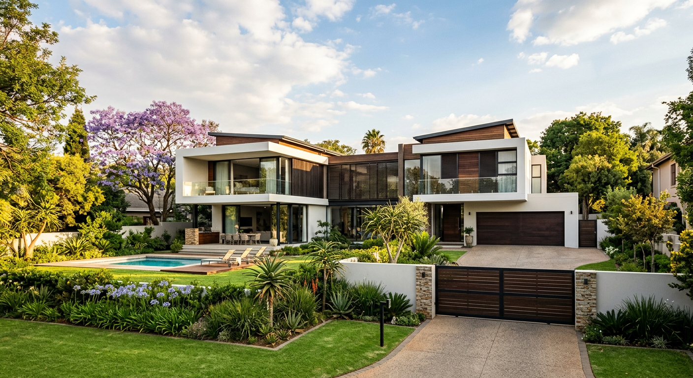A contemporary luxury home with a manicured garden in a Johannesburg suburb